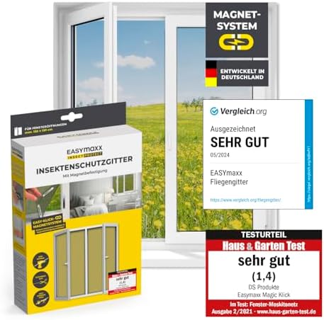 Fliegengitter für Fenster mit Magic Click | Moskitonetz individuell zuschneidbar für alle Fenster bis 150 x 130 cm | Einfache Montage mit 12 Magneten - kein Bohren oder Schrauben [Schwarz]
