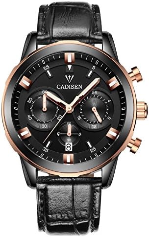 Mens Chronograph Quartz Watches with Analogue Display Date Genuine Leather Strap by Cadisen