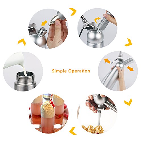 Professional Whipped Cream Dispenser, Aluminum Cream Whipper, 3 Sainless Steel Nozzles and 3 Plastic Pastry Tube, for Baking and Beverages (500ml)