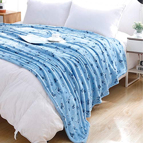 Flannel Throw Blanket for Sofa Couch Bed Blue Flower Blanket Soft Lightweight Cozy Plush Floral Throw for Kids Girls Adults All Season Bedspreads Coverlet Blanket Throw(Blue Flower, Twin)