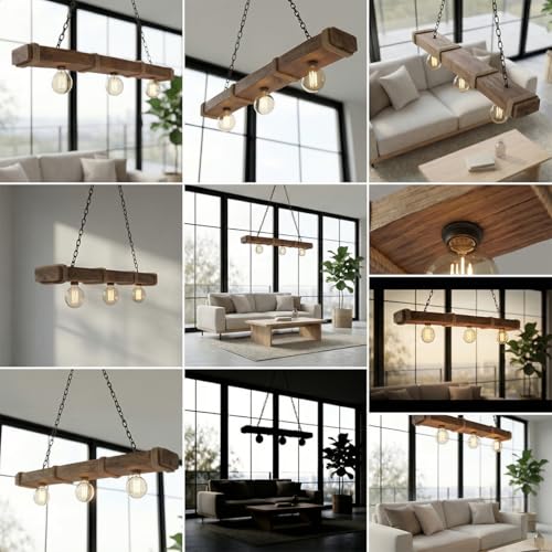 Lustre de Teto Luminária Pendente Caibro Madeira Rústica e Sisal - 3 Bocais E-27 (90cm) Bivolt - Área Gourmet e Churrasqueira - Corrente Anti-Ferrugem