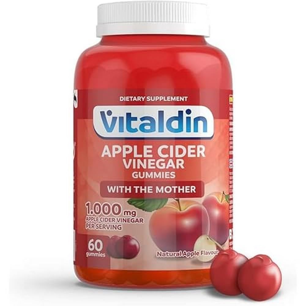 VITALDIN Apple Cider Vinegar Gummies – 1.000 mg per Serving – 60 Chewable Gummies (1 Month Supply) – ACV Gummy with the Mother, Vitamin B12 & Folic Acid – Superfood Detox – Vegan & Gluten Free
