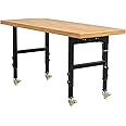 60” Heavy-Duty Solid Wood Work Bench Work Table with Wheels, Adjustable Height Portable Workbench with Power Outlets, 3000 Lbs Capacity Workstation for Garage, Workshop