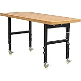60” Heavy-Duty Solid Wood Work Bench Work Table with Wheels, Adjustable Height Portable Workbench with Power Outlets, 3000 Lbs Capacity Workstation for Garage, Workshop