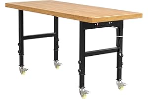 MAEMTTES 60” Heavy-Duty Solid Wood Work Bench Work Table with Wheels, Adjustable Height Portable Workbench with Power Outlets, 3000 Lbs Capacity Workstation for Garage, Workshop