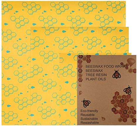 Frebw 3 Pack Beeswax Wrap Food Storage, Eco-Friendly Reusable Food Wraps, Sustainable Plastic Free, Organic, Biodegradable, Plastic Free, Washable-1 Large, 1 Medium, 1 Small