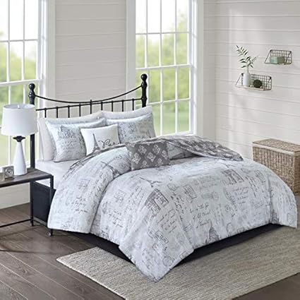 Amazon Com 5pc Gray White Paris Full Queen Comforter Set Stamp