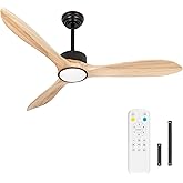 iTni Wood Ceiling Fan with Lights,52Inch Ceiling Fans with Remote Control,Dimmable Light,3 CCT,6 Speeds,Noiseless DC Motor,2 