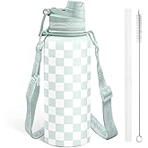 SANDJEST Checker Stainless Steel Water Bottle with Strap 32oz, Insulated Bottles with Straw and Spout Lid for Gym Sports Travel Outdoor, Gifts for Women Girls Birthday Christmas