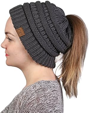 FunkyJunque’s CC Ponytail Messy Bun BeanieTail Womens Beanie Solid Ribbed Hat Cap