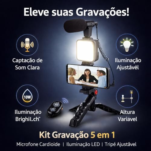 Kit de Gravação Completo com Tripé, Luz LED e Suporte para Celular – Ideal para Vlogs, Lives e Vídeos Profissionais Tripé com Luz LED e Microfone para Celular – Kit Vlogging Profissional Premium