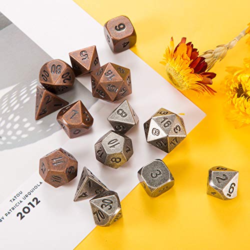 Jovitec 14 Pieces Metal Solid Zinc Alloy Game D&D Dices Set Durable Polyhedral Dice with Printed Numbers and Velvet Storage Bags for Game, Dungeons and Dragons, RPG, Math Teaching (A)