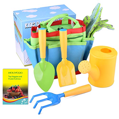 KINCREA Kids Gardening Tools, Outdoor Toys Set Gardening Set Includes Sturdy Tote Bag, Watering Can, Shovel, Rake, and Trowel