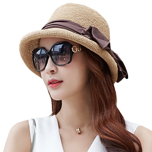 Siggi Womens Floppy Summer Sun Beach Straw Hats UPF Foldable Bucket Cloche Hat 56-59CM Beige