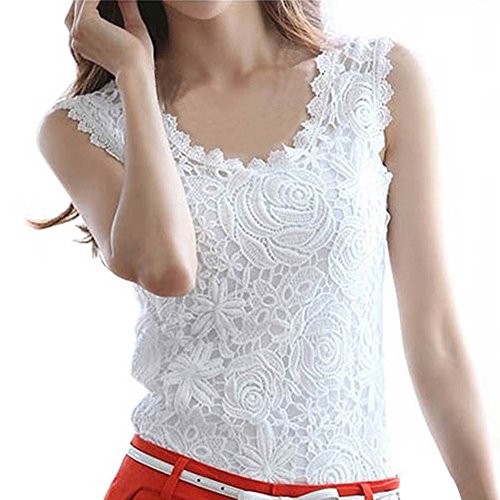 Fedi Elegant Fashion Summer Women Lace Crochet Vest Tank Top Shirt Blouse Sleeveless, White, Medium
