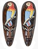 SET OF 2 AFRICAN HAND CARVED WOODEN TRIBAL MASK WITH PARROTS WALL DECOR