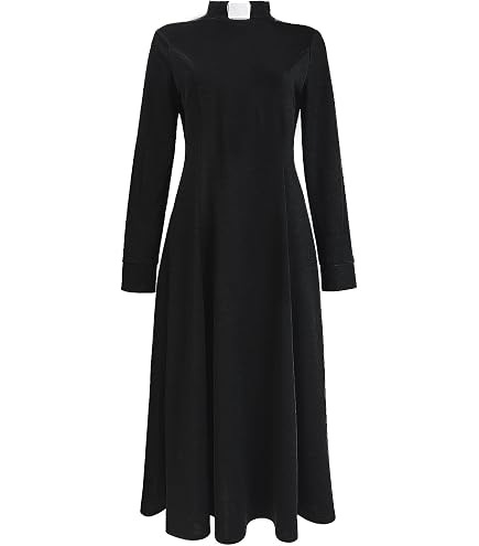 ceiyast Clergy Dresses for Women Tab Collar A-Line Long Sleeve Loose Elegant Dress(M,Black), Medium at Amazon Women's Clothing store