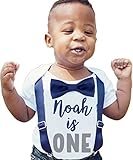 Noah's Boytique Personalized Name First Birthday Outfit Boy Gray and Navy Bow Tie Suspenders and Number One Cake Smash Outfit 1st 12-18/18 Months