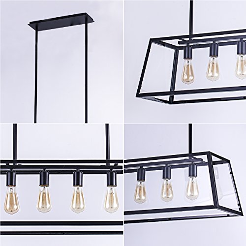 Morley Glass Linear Chandelier, 4-Light Industrial Island Pendant Lighting with Matte Black Frame for Dining Room, Kitchen by Lanros - Thumbnail 6