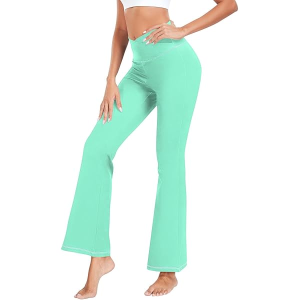 Women's Knit Flare Leggings - High Waisted Bell Bottom Yoga Pants With Pockets