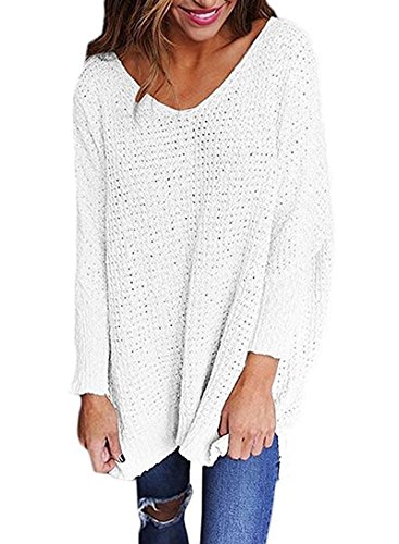 Dearlove Women's Long Sleeve V-Neck Slit Casual Loose Top Oversized Knitted Sweater Jumper Pullovers White S 4 6