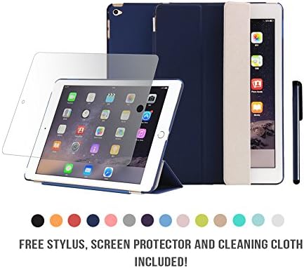 iPad Air 2 Case Auto Lock Magnetic Connection Back Hard Case Cover Smart Wake/Sleep Front StandFront Cover Drop Shock Proof FREE Stylus Screen Protector Cloth for Apple iPad Air 2 [Dark Blue]