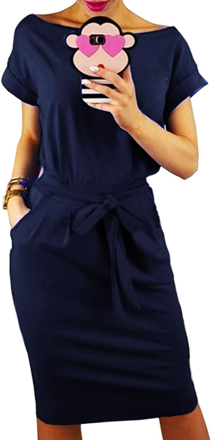 Women's Elegant Short Sleeve Wear to Work Casual Pencil Dress with Belt