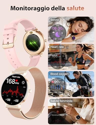 Smartwatch Donna,8mm Ultra Sottile,1.32" AMOLED Smart Watches con 7 Giorni di Batteria,Chiamate BLE5.3,Frequenza cardiaca, SpO2, Sonno, Contapassi,IP68 Orologio Fitness per Android/iOS,Oro Rosa