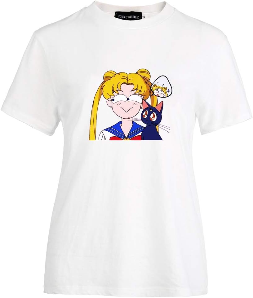 Provone Women's Sailor Moon T-Shirts Japaness Anime Cute Cartoon Girls Characters Graohic O-Neck Tee Tops
