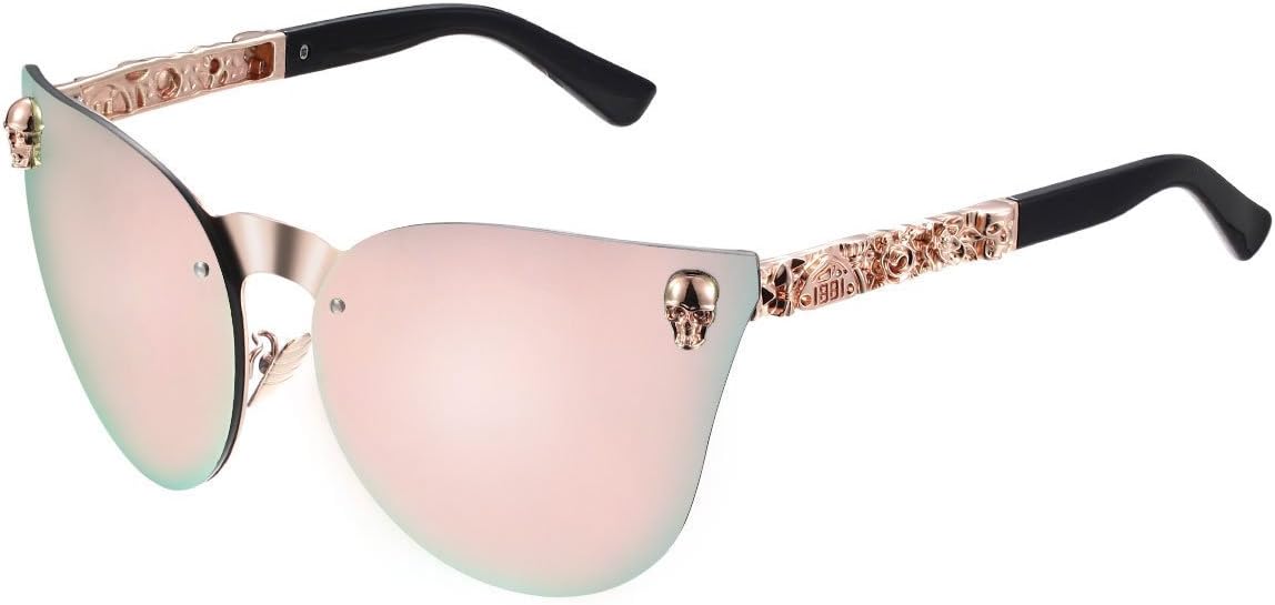 LOMEDO Fashion Mirrored W/Flash Cateye Sunglass for Women Skull Stytle UV400 Rose Pink