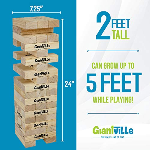 Giantville Giant Tumbling Timber Toy - Jumbo Wooden Blocks Floor Game for Kids and Adults, 56 Pieces, Premium Pine Wood, Carry Bag, Life Size - Grows to Over 5-feet While Playing - by Giantville