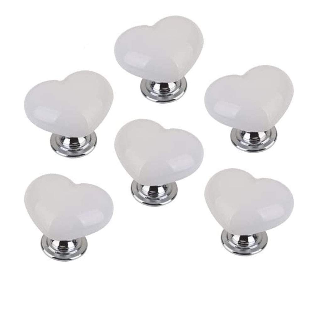 POFET 6pcs Heart-Shaped Dresser Drawer Cabinet Knobs Vintage Door Handle Ceramics Furniture Pulls for Kitchen Wardrobe Cupboard Kids Room Decorative - White
