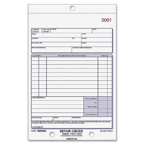 REDIFORM Repair Order Book, Carbonless, 5.5 x 7.875", 50 Triplicates (4L455)