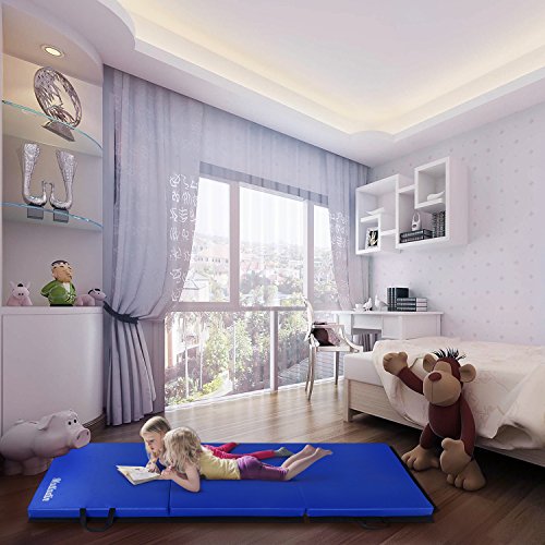 Matladin 6' Folding Tri-fold Gymnastics Gym Exercise Aerobics Mat, 6ft x 2ft x 2in PU Leather Tumbling Mats for Stretching Yoga Cheerleading Martial Arts (Blue)