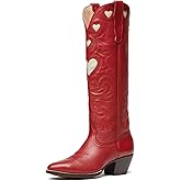 Agodor Red Cowboy Boots for Women Heart Cowgirl Boots Classic Embroidered Women Wide Calf Knee High Boots Chunky Heel Pointed Toe Pull On Fashion Western Boot US9