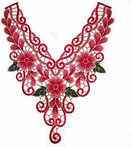 Lace Neckline Embroidered Floral Collar Red Flower Embroidered Motif Applique Fabrics Sew on Patches Scrapbooking Trim Sewing 1 Pc (CL775)