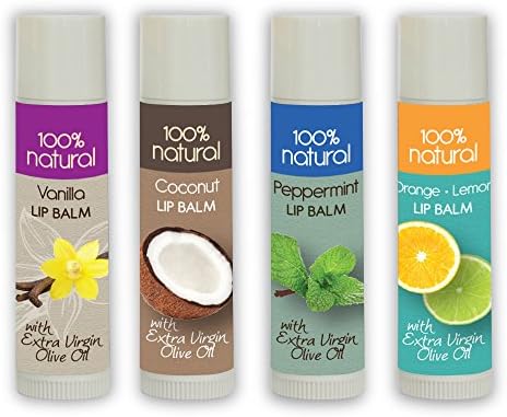 Lip Balm Moisturizer and Sealer All Natural - Vanilla-Coconut-Mint-Orange/Lemon with Extra Virgin Olive Oil - Castor Seed Oil - Shea and Mango Butter - Vitamin E - 4 Pack Non Sticky Improved Formula