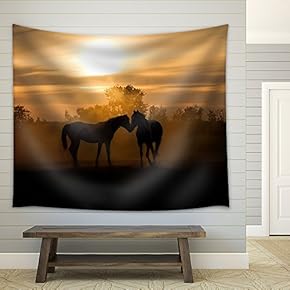 Silhoutte Horses in Love in The Netherlands at Sunset - Fabric Wall Tapestry Home Decor - 51x60 inches