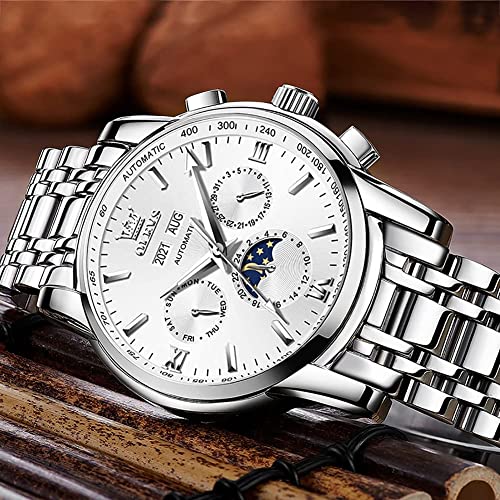 OLEVS Automatic Mens Watches Mechanical Luxury Dress Moon Phase Stainless Steel Waterproof Luminous Calendar Wrist Watches,White,Mechanical