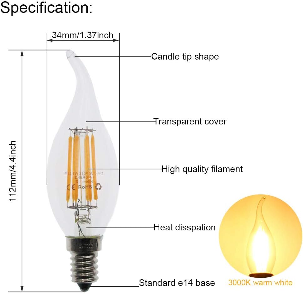HUAMu E14 6W Dimmable LED Filament Candle Light Bulb, 60W Incandescent Replacement, 2700K Warm White, 600LM - Image 3