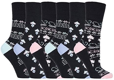 NEW: 6 Pairs Ladies Gentle Grip No Elastic Socks 4-8 uk, 37-42 eur (GG93 Black Tapestry)