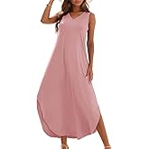 Zilcremo Women's Summer Casual Loose Sundress Long Dress Sleeveless V Neck Split Tshirt Maxi Dresses