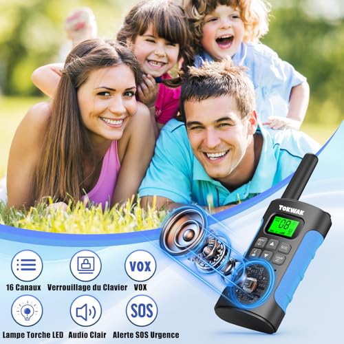 Tokwak Long Range Walkie Talkie USB C Rechargeable 4 Pack Walkie Talkie Kids Adults 16 Channel VOX Torch, Walkie Talkie PMR446 Li-ion Battery for Camping, Hiking, Cycling, Parties