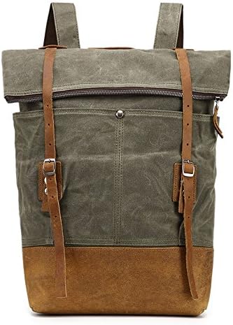 Vintage Durable Waxed Canvas Leather Trim Bag Travel Roll-top Rucksack Backpack