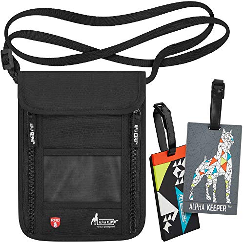 Neck Wallet [2019 NEW MODEL] - Hidden RFID Pouch Passport Holder for Women and Men â€“ Alpha Keeper Travel Neck Pouch - Includes 2 BONUS Luggage Tags