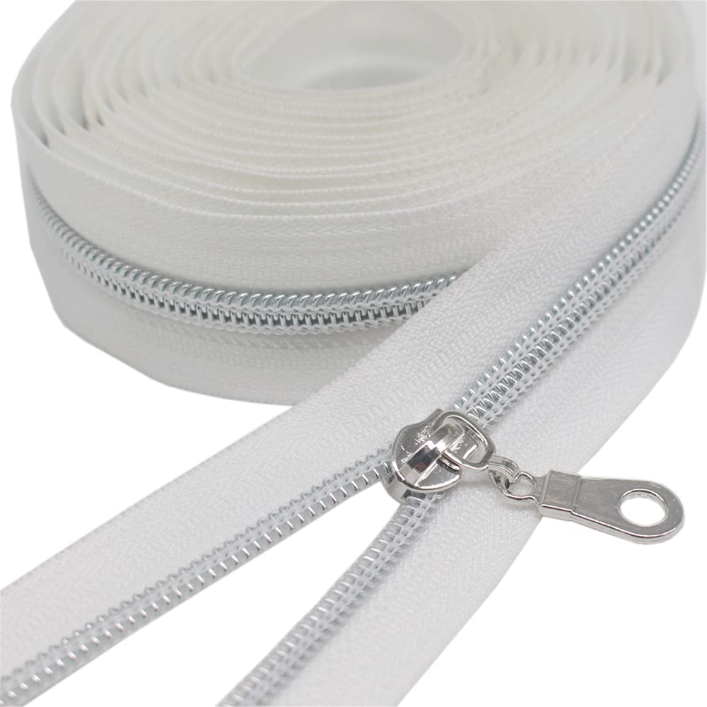 YaHoGa #5 Silver Metallic Nylon Coil Zippers Continuous Zipper Tape (9 Meters + 25pcs Sliders) for Sewing Tailor DIY Craft Bag (Silver White) โ image 1