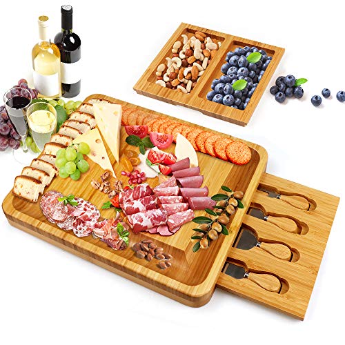 Bamboo Cheese Board and Knife Set, Cheese Servers with Hidden Drawer, Charcuterie Platter and Cheese Serving Tray for Wine, Crackers, Brie and Meat. Perfect for Christmas, Wedding &Housewarming Gifts