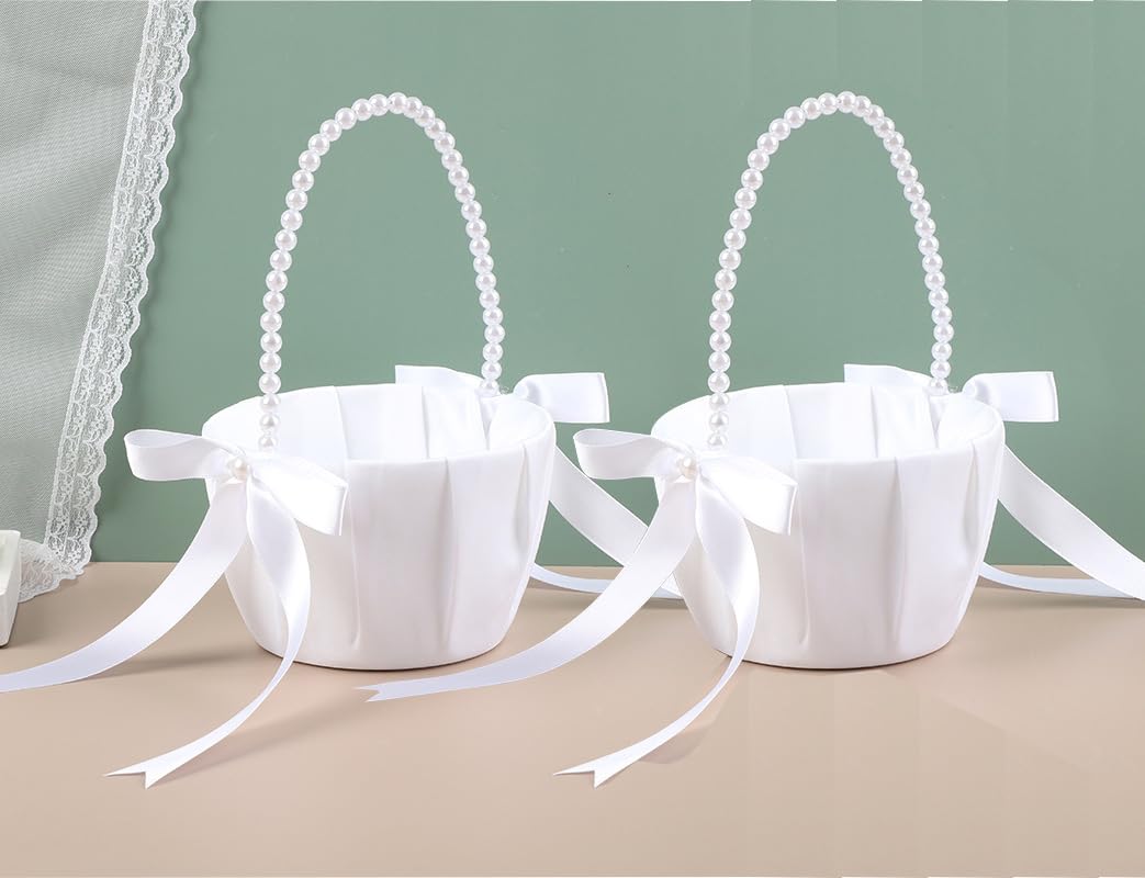 Photo 1 of Flower Girl Baskets for Wedding set of 2,Ivory Flower Girl Basket With Pearl Handle,Wedding Baskets for Flower Girls
