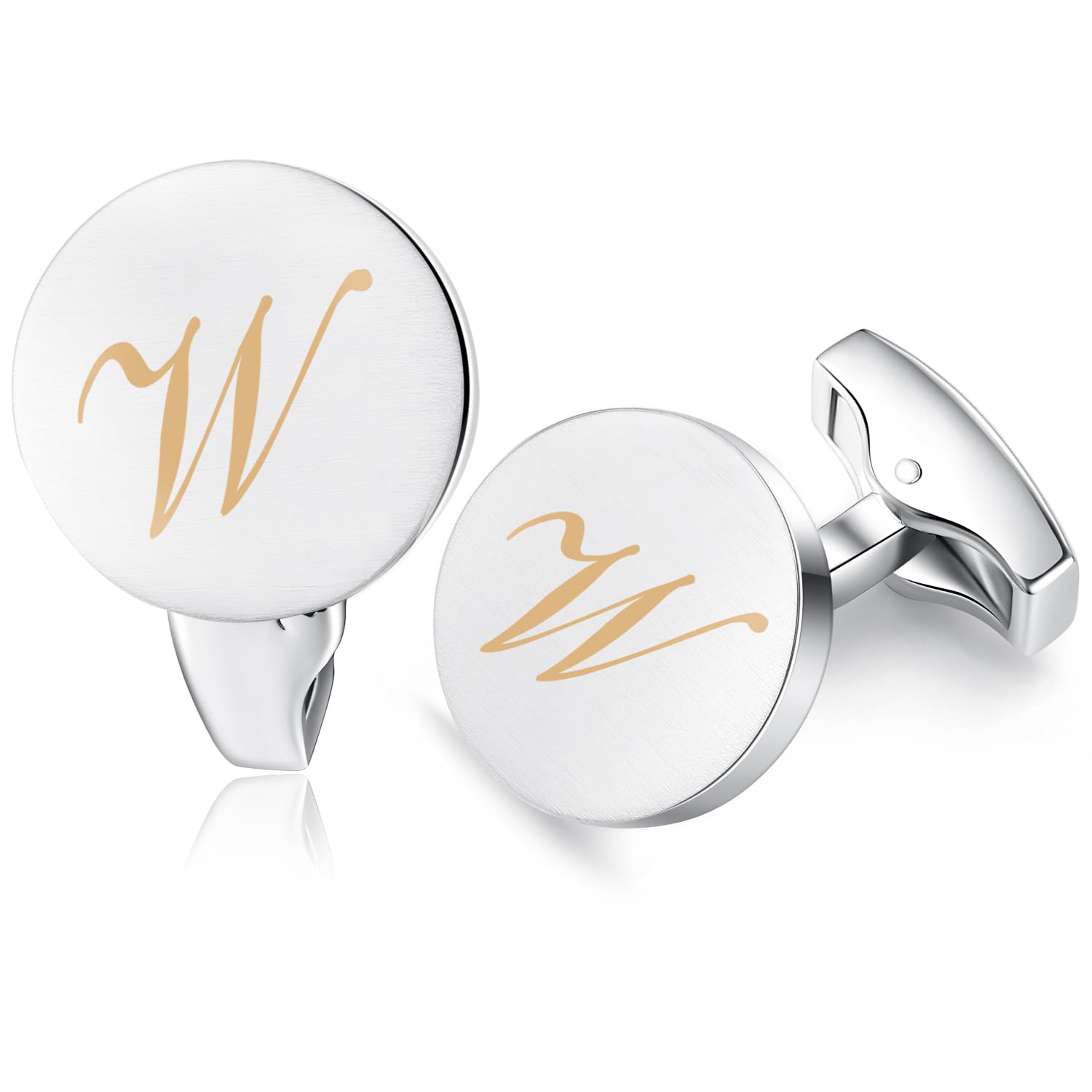HONEY BEAR Initial Alphabet Letter Cufflinks for Men, Silver Round Shape Wedding Business Gifts A - Z (One pair W)