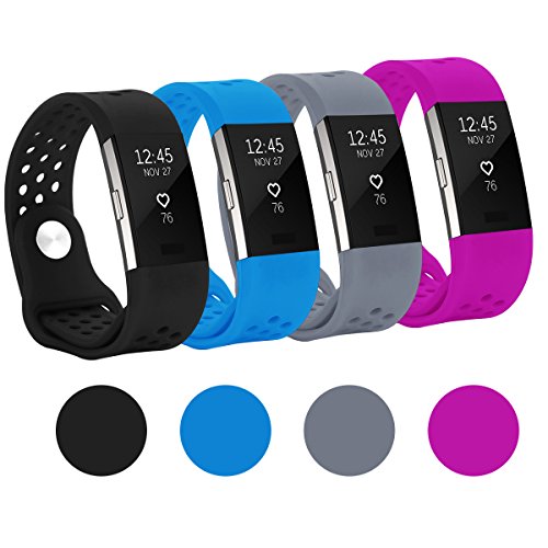 Hanlesi Band for Fitbit Charge 2 , Replacement Fitness Accessory Silicone Wristband Fashion Sport Strap (Black+Blue+Grey+Purple, 5.1-6.9inch)